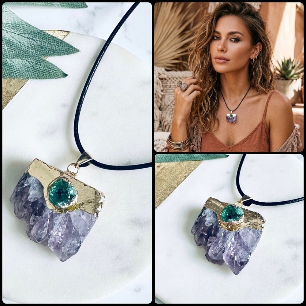 2/$30🌵 Faux Amethyst Irregular Crystal Pendant Green Stone Necklace Boho Hippie